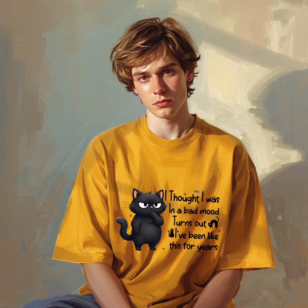 Bad Mood Cat Graphic Print Golden Yellow Color Unisex Oversized T-Shirt