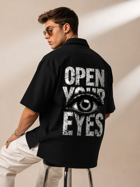 Open Your Eyes Graphic Back Print Black Unisex Oversized Shirt